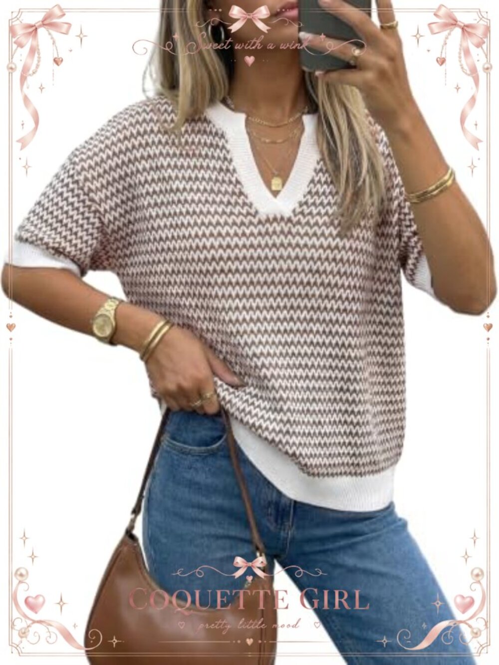 Striped Short Sleeve Sweater Pullover V-Neck Work Casual Tops